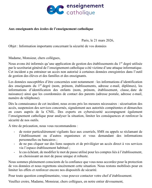 Cyberattaque dans l’enseignement catholique : les données de 1,5 million d’élèves, parents et enseignants exposées 2 image