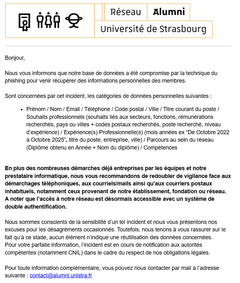 Université de Strasbourg : une base de données d’alumni compromise par une attaque de phishing 2 UDS leak avril 26