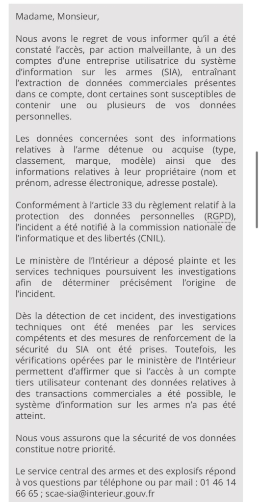 Système d’information sur les armes (SIA) : une fuite de données expose des milliers de détenteurs 2 leak SIA