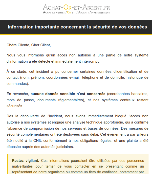 Fuite de données chez Achat-Or-Et-Argent.fr : des données clients exposées après un accès non autorisé 2 leak achat or argent